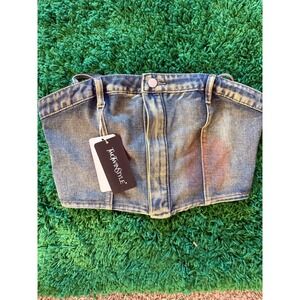 Twotwinstyle Denim Halter Crop Top Blue Medium Wash Deconstructed Corset (B)‎